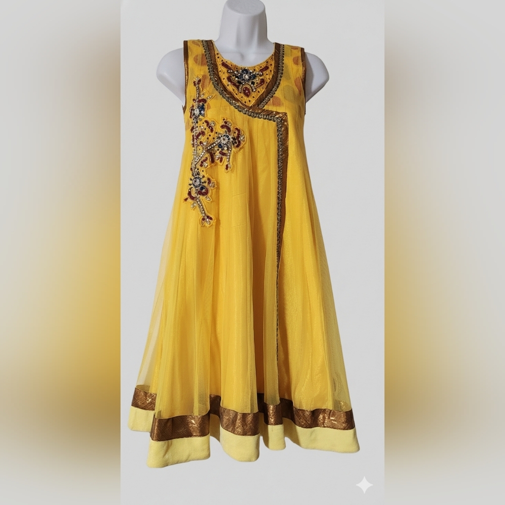 Stone Work Lace Yellow Anarkali India Dress XS-S